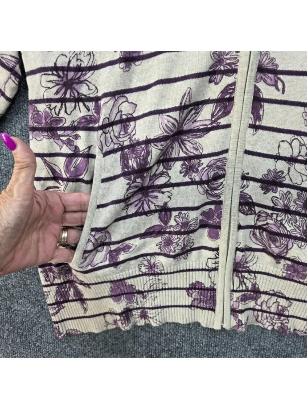 CJ Banks Floral Stripe Full Zip Cardigan 2X Cotton Purple Cottagecore Romantic